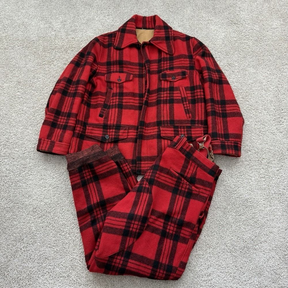 VTG Minnesota Woolen Co Buffalo Plaid Wool Mackinaw‎ Hunting Jacket Pants
